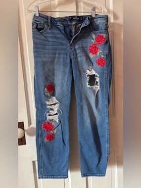 Hollister Mid-Blue Straight Leg Jeans with Red Rose Embroidery